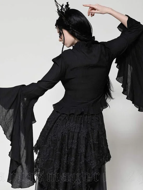 Dark in Love Big Bell Flare Sleeve Top Goth Fairy Core Ruffle Trim Top - Picture 2 of 11